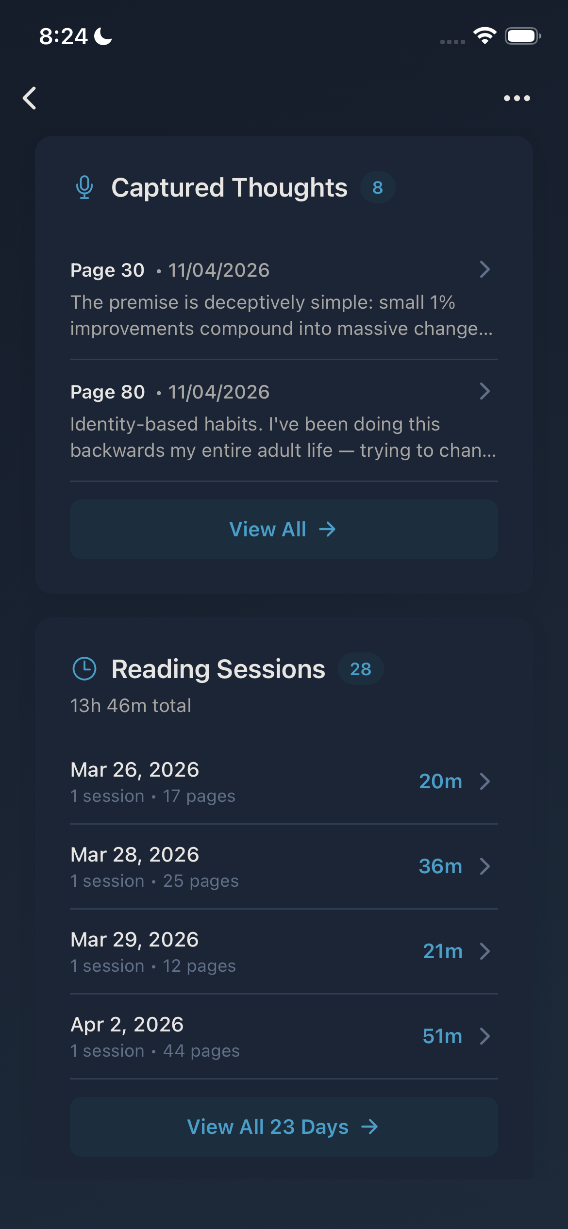 Pick Up app book detail page showing captured thoughts and reading sessions