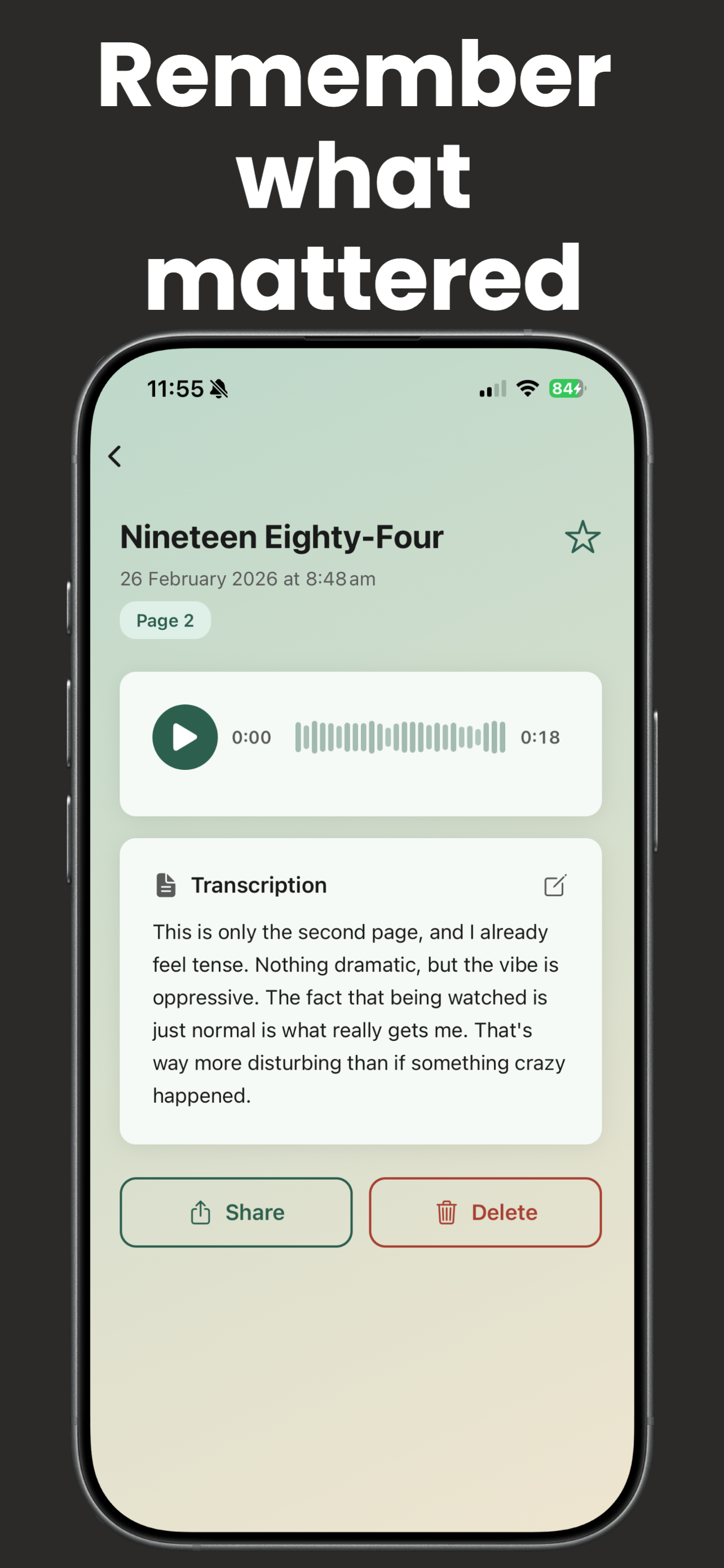 Pick Up app showing a transcribed reflection ready to use in a review